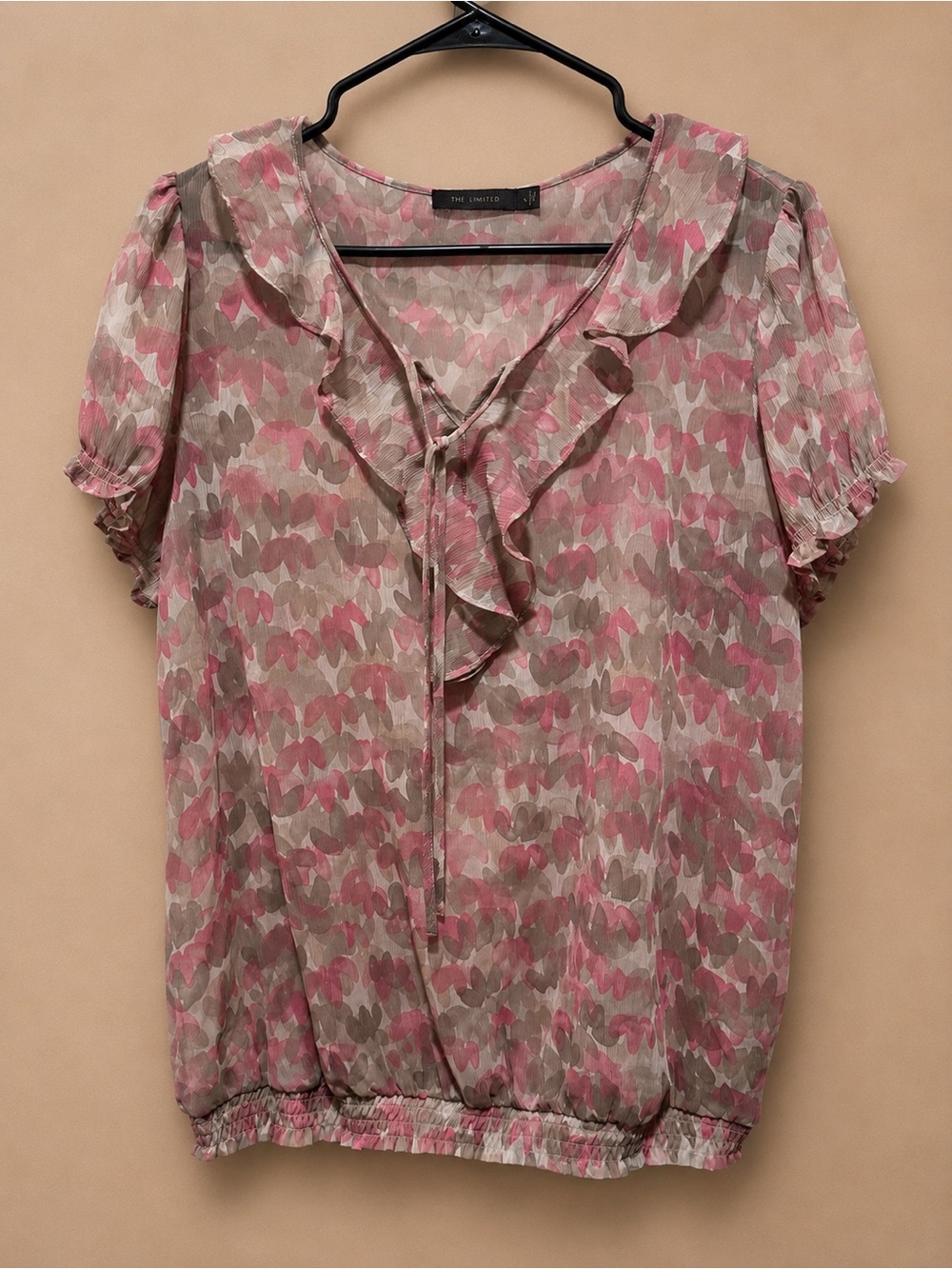 The Limited Pink & Taupe Ruffle Tie-Front Blouse